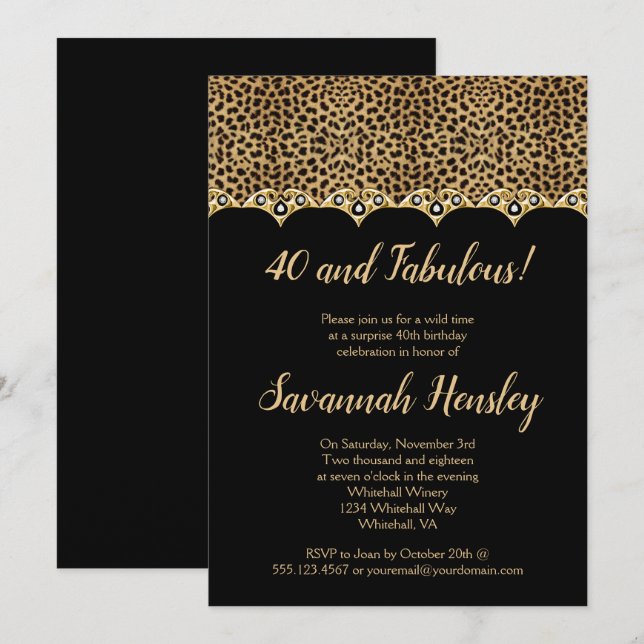 Leopard Print Black Gold Diamonds 40 and Fabulous Invitation (Front/Back)