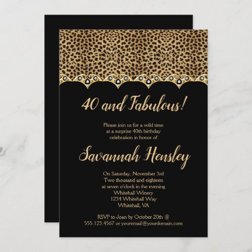 Leopard Print Black Gold Diamonds 40 and Fabulous Invitation