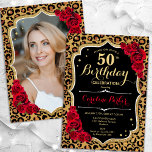 Leopard Print Black Gold Photo 50th Birthday Invitation<br><div class="desc">Elegant feminine 50th birthday invitation with your photo at the back of the card. Glam black design with animal leopard print and faux glitter gold. Features red roses, script font and confetti. Perfect for a stylish adult bday celebration party. Personalise with your own details. Can be customised for any age!...</div>