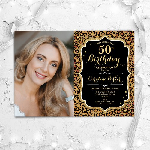 Leopard Print Black Gold Photo 50th Birthday Invitation