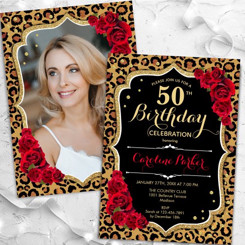 Leopard Print Black Gold Photo 50th Birthday Invitation