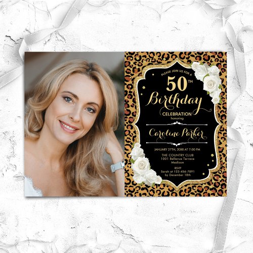 Leopard Print Black Gold Photo 50th Birthday Invitation