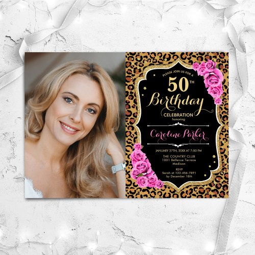 Leopard Print Black Gold Pink Photo 50th Birthday Invitation