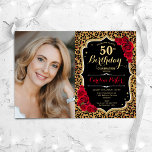 Leopard Print Black Gold Red Photo 50th Birthday Invitation<br><div class="desc">Elegant floral feminine 50th birthday invitation with your photo. Glam black red design with faux glitter gold. Features animal leopard print, red roses, script font and confetti. Perfect for a stylish adult bday celebration party. Personalise with your own details. Can be customised for any age! Printed Zazzle invitations or instant...</div>