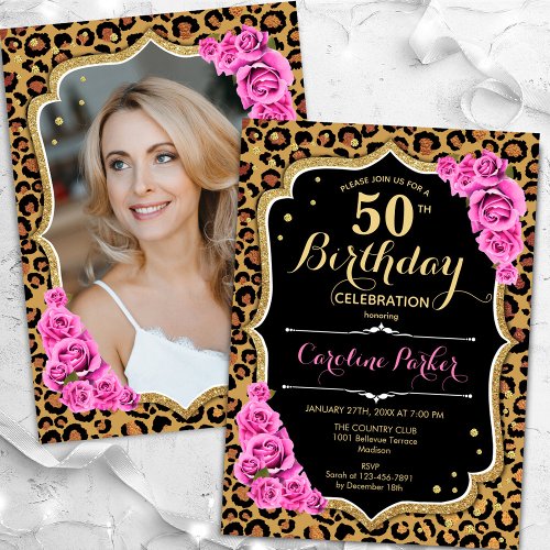 Leopard Print Black Pink Photo 50th Birthday Invitation