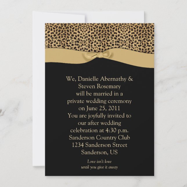 Leopard Print Black Tan Ribbon Post Wedding Invitation (Front)