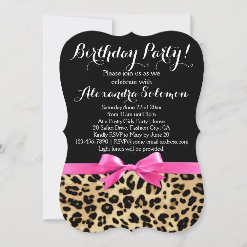 Leopard Print Black w Hot Pink Bow Birthday Party Invitation