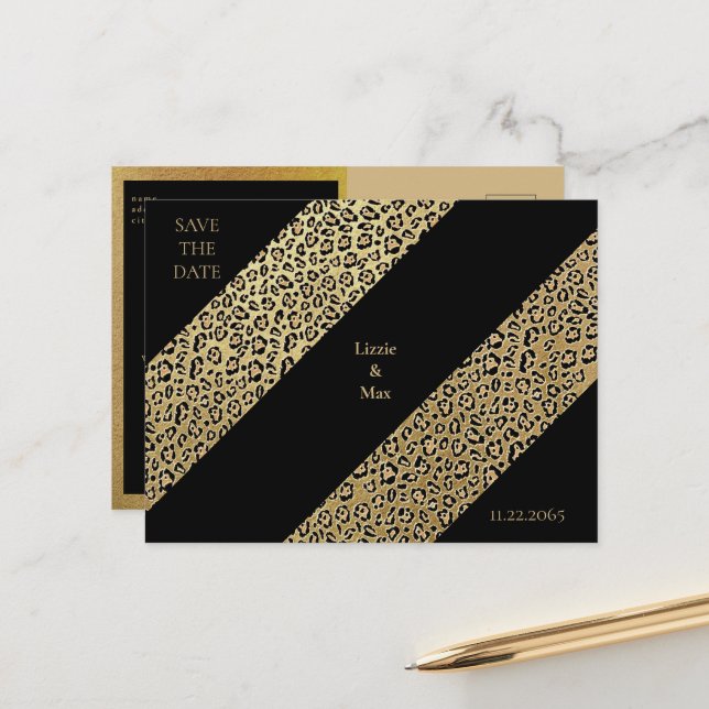Leopard Print & Black Wedding Save the Date Announcement Postcard (Front/Back In Situ)