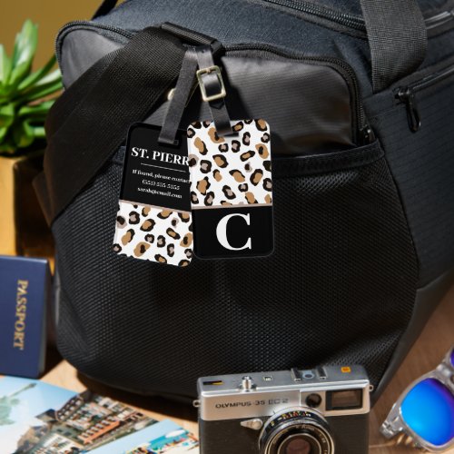 Leopard Print Black WhiteTan Colorblock Initial Luggage Tag