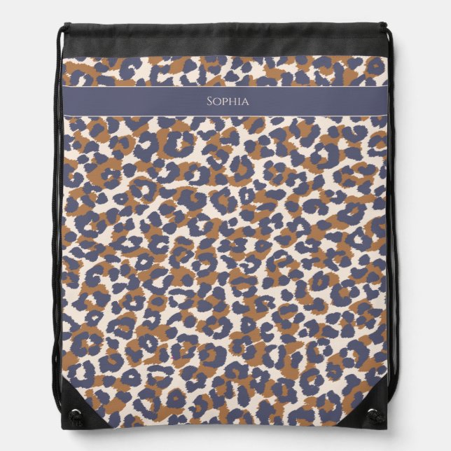 Leopard Print-Blue and Brown- Drawstring Bag (Front)