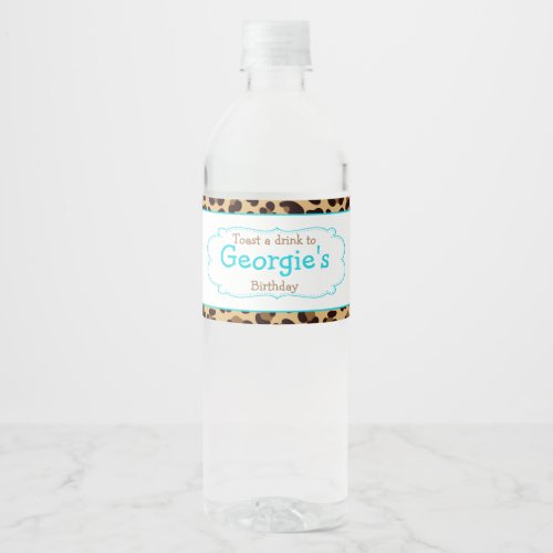 Leopard Print Blue Quatre foil Birthday Party Water Bottle Label