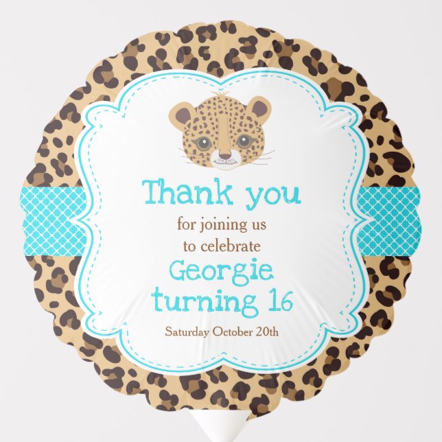 Leopard Print Blue Quatrefoil Birthday Party Balloon (Front)
