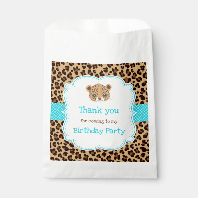 Leopard Print Blue Quatrefoil  Birthday Party Favor Bag (Front)