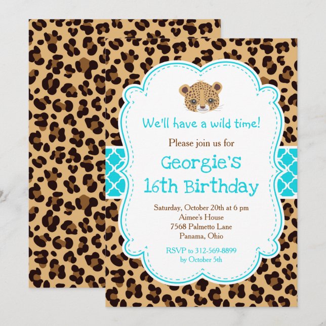 Leopard Print Blue Quatrefoil Birthday Party Invitation (Front/Back)