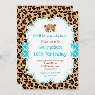 Leopard Print Blue Quatrefoil Birthday Party Invitation