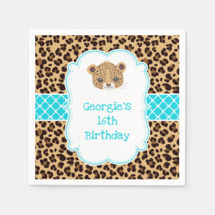 Leopard Print Blue Quatrefoil Birthday Party Napkins
