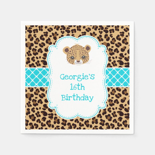 Leopard Print Blue Quatrefoil Birthday Party Napkins (Front)