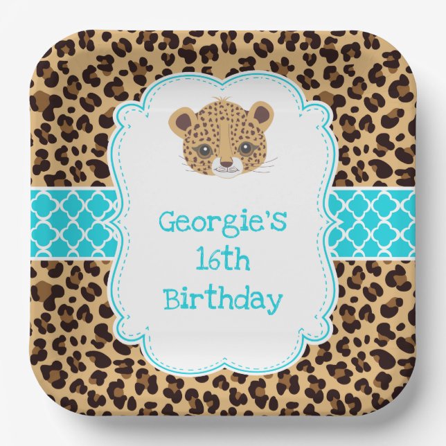 Leopard Print Blue Quatrefoil Birthday Party Paper Plates (Front)