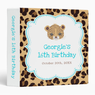 Leopard Print Blue Quatrefoil Birthday Party Photo 3 Ring Binder