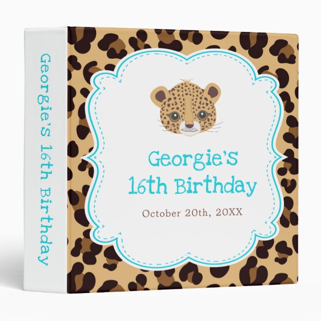 Leopard Print Blue Quatrefoil Birthday Party Photo 3 Ring Binder (Front/Spine)