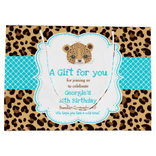 Leopard Print Blue Quatrefoil Thank You Large Gift Bag