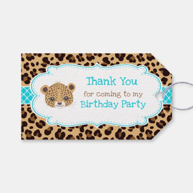 Leopard Print Blue Quatrefoil 'Thank You' Tag (Front (Horizontal))