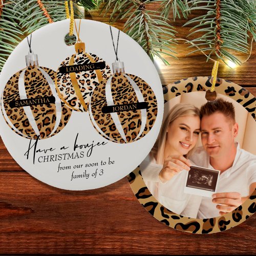 Leopard Print Boujee Christmas Pregnancy Photo Ceramic Ornament