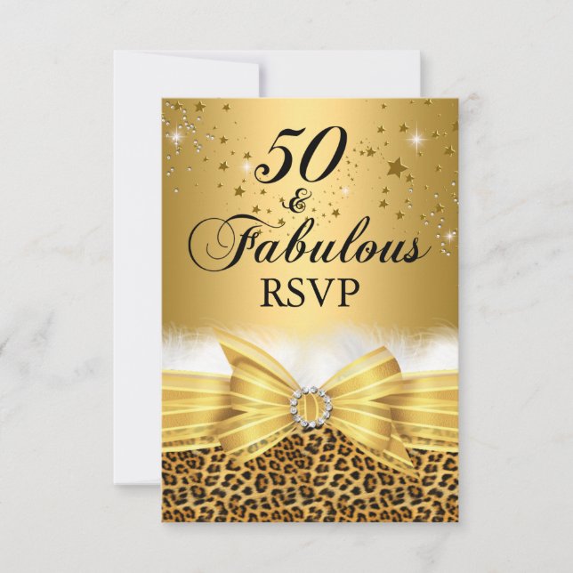 Leopard Print & Bow 50 & Fabulous RSVP Gold Card (Front)