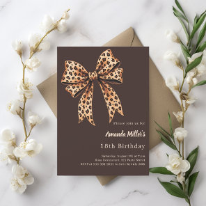 Leopard print bow bistre brown birthday invitation