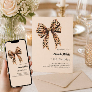 Leopard print bow brown beige birthday invitation