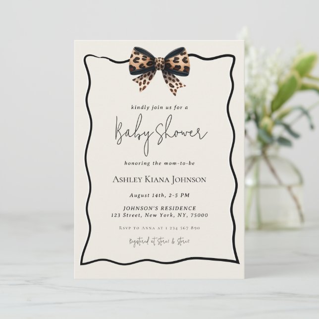 Leopard Print Bow Gender Neutral Baby Shower Invitation (Standing Front)