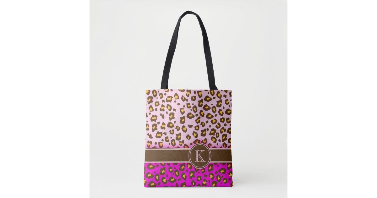 Leopard print brown pink monogram animal print bag | Zazzle