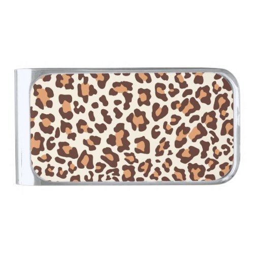 Leopard Print Brown Tan Cream Silver Finish Money Clip