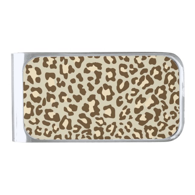 Leopard Print Brown, Tan, Peach Silver Finish Money Clip (Front)