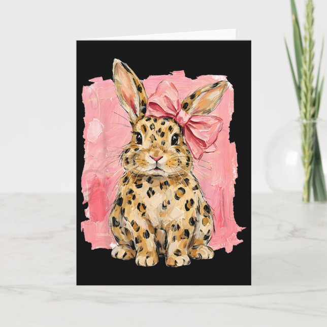 Leopard Print Bunny With Pink Bow Cute Spring East Card (Front)