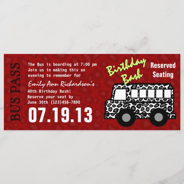 Leopard Print Bus Pass Birthday Party Program (Front)