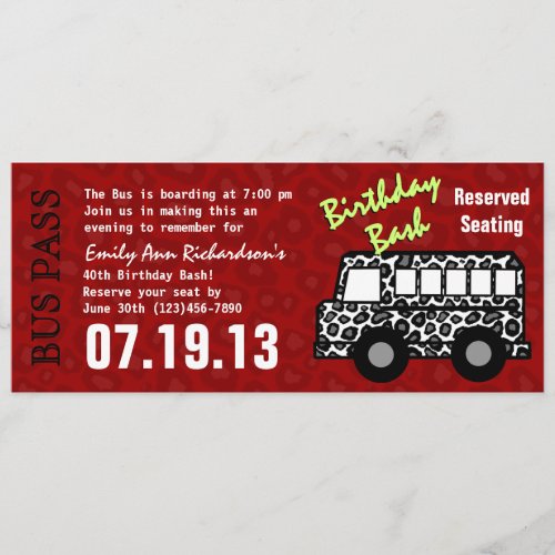 Leopard Print Bus Pass Birthday Party Custom Invite