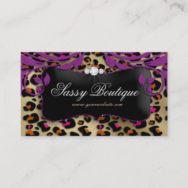 Leopard Print Business Card Purple Swirls Jewelry (Front)