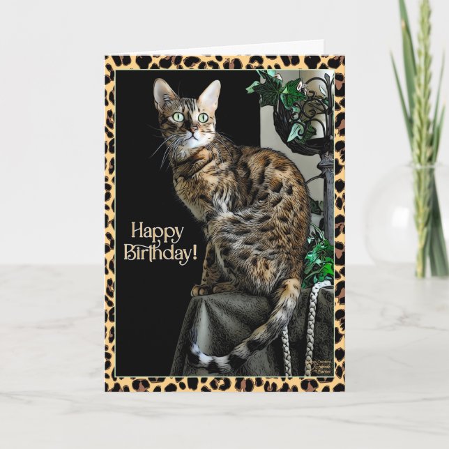 Leopard Print Cat-Themed Birthday Card (Front)