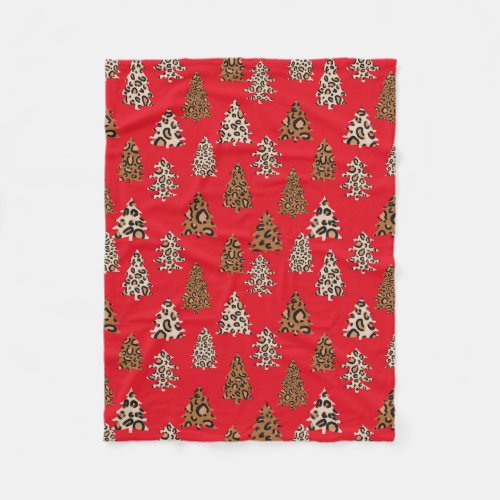 Leopard Print Christmas Trees Red Fleece Blanket
