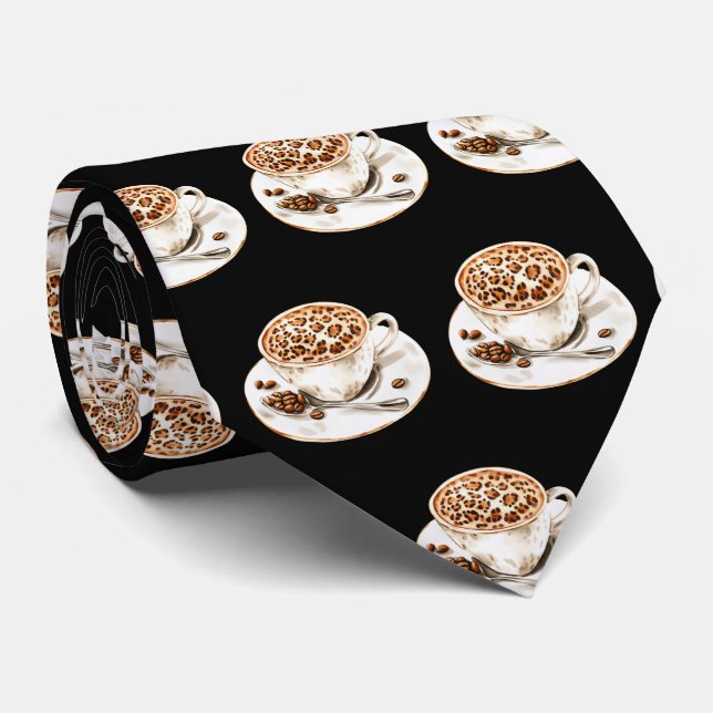 Leopard Print Coffee Cup Neck Tie (Rolled)