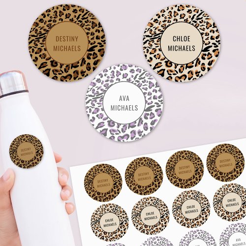 Leopard Print Color Coded Waterproof Round Name Labels