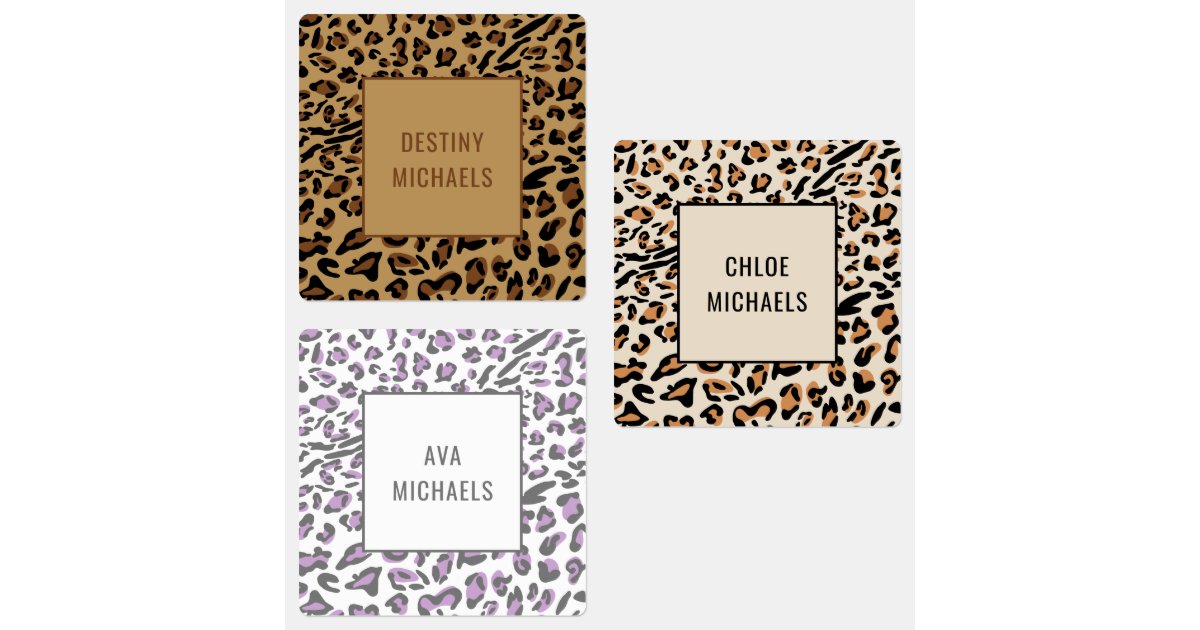 Leopard Print Color Coded Waterproof Square Name Labels | Zazzle