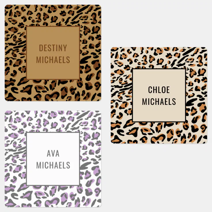 Leopard Print Color Coded Waterproof Square Name Labels | Zazzle