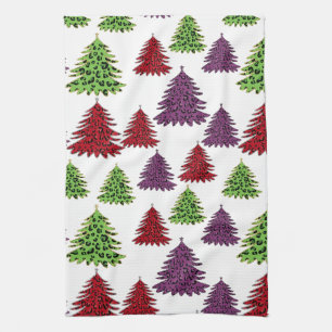 Leopard print colourful christmas trees kitchen towel
