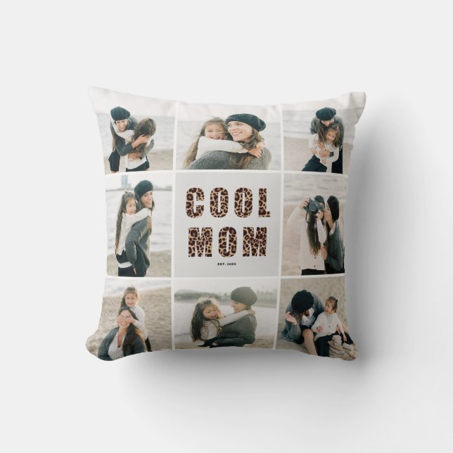 Leopard Print Cool Mom 8 Photo Collage Gray Throw Pillow (Front)
