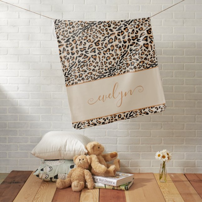 Leopard Print Cream Black Tan Personalized Baby Blanket (In Situ)