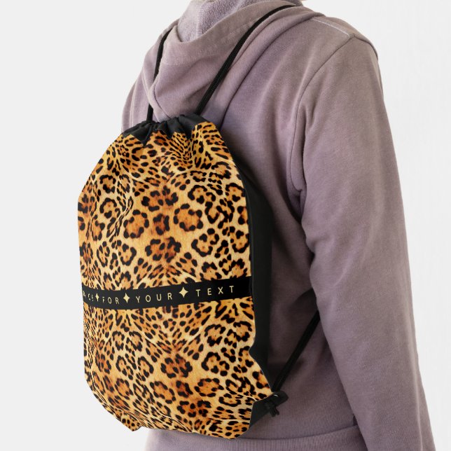 Leopard Print Custom Text Drawstring Bag (Insitu)