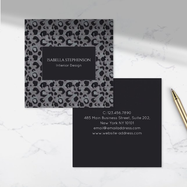 Leopard Print Dark Grey Modern Square Business Card (Creator Uploaded)