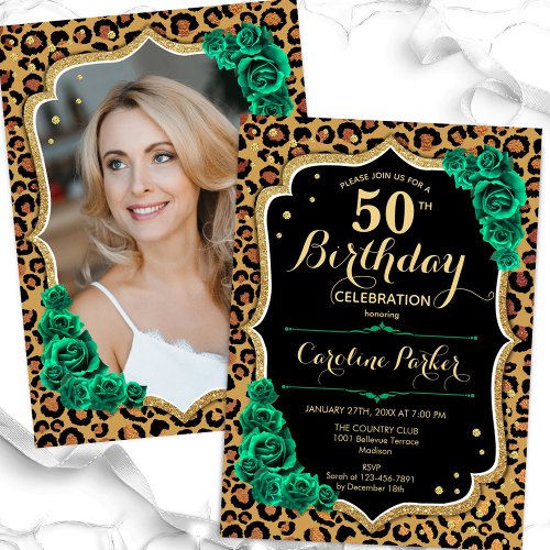 Leopard Print Emerald Green Photo 50th Birthday Invitation